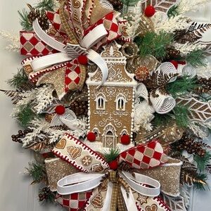 XL Gingerbread Church Holiday Wreath. Aprox 33” wide